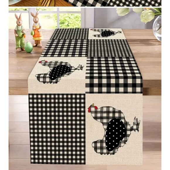 Chicken Table Runner 13x108in Polyester Black and Off White Check NEW - Picture 1 of 3